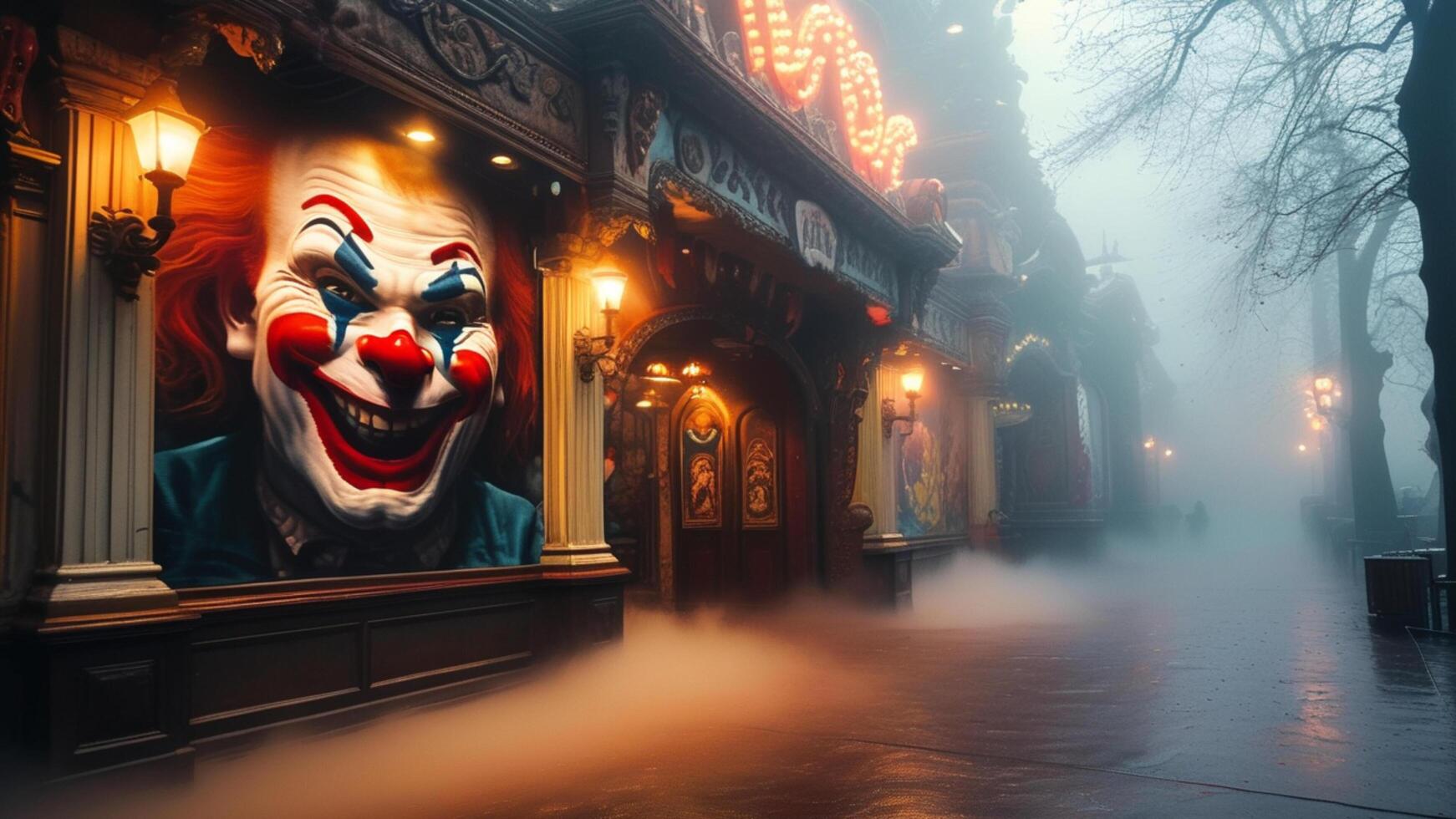 Creepy clown face on a foggy night photo