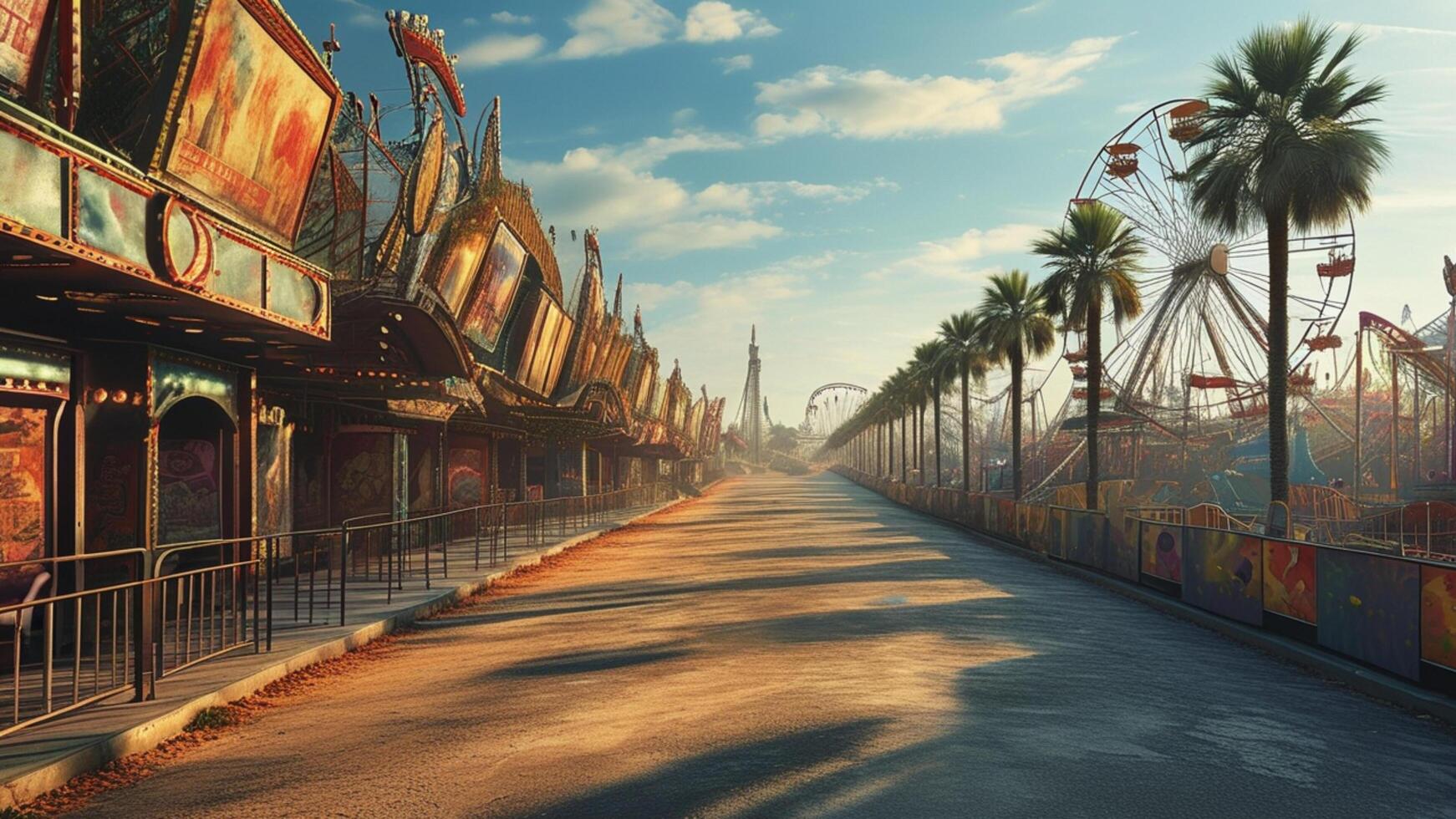 Deserted carnival street, Ferris wheel, palm trees, sunrise. photo