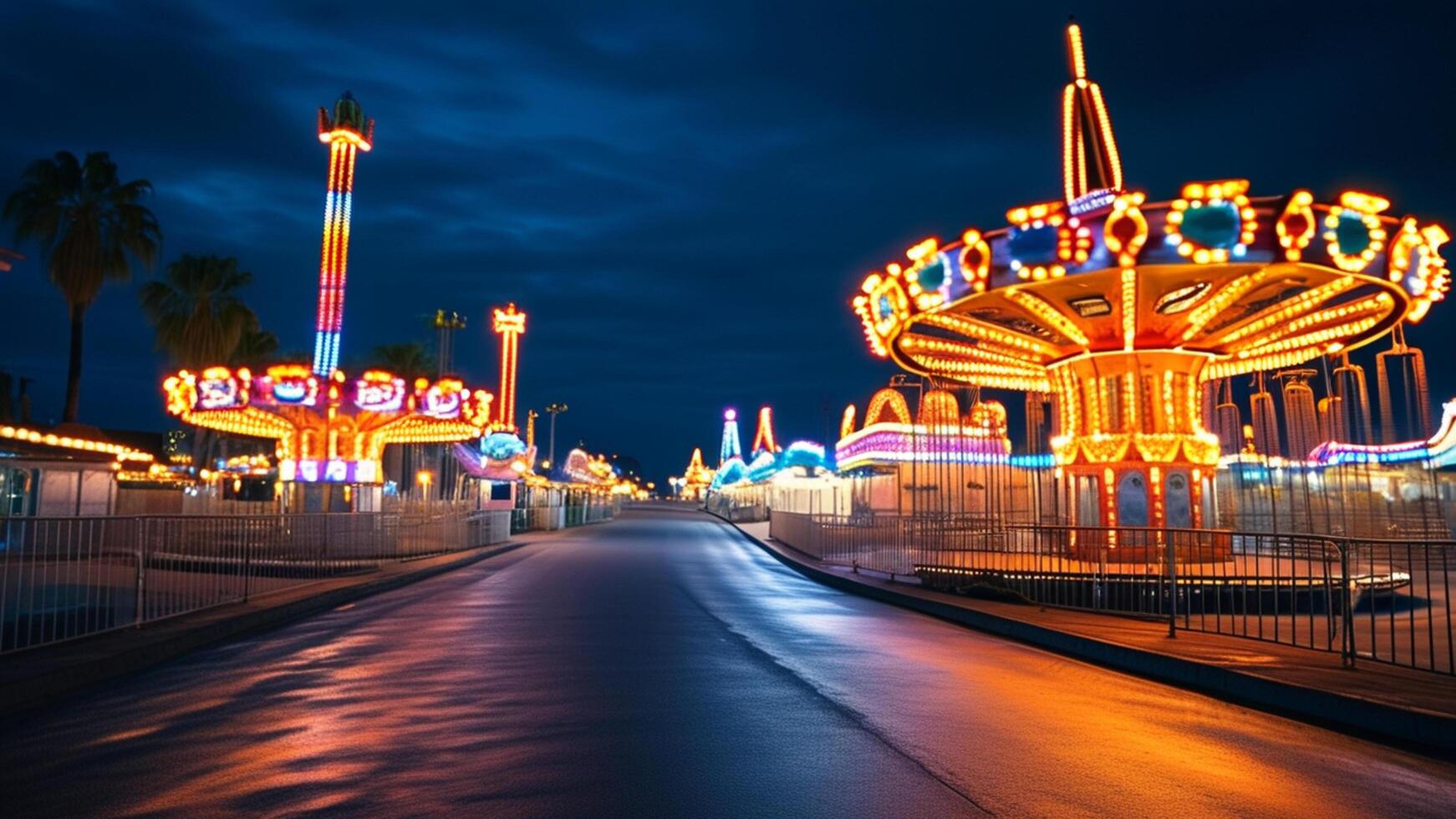Empty amusement park at night, colorful lights photo