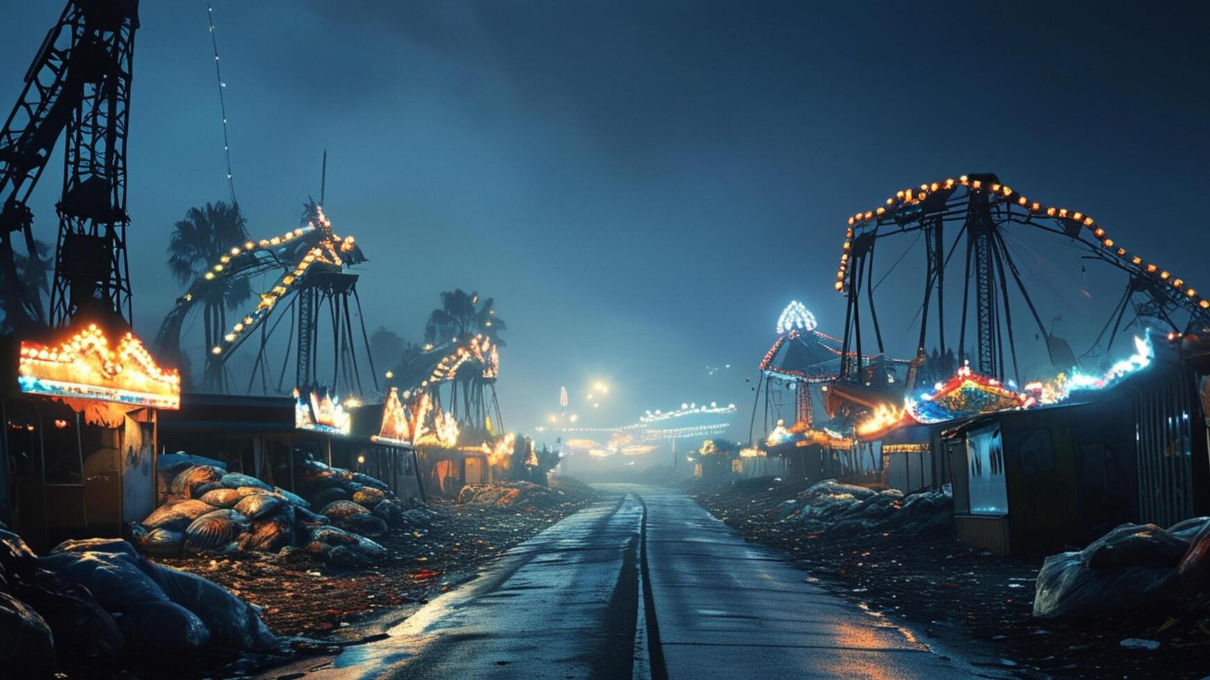 Eerie, dark amusement park at night. Foggy, mysterious atmosphere. photo