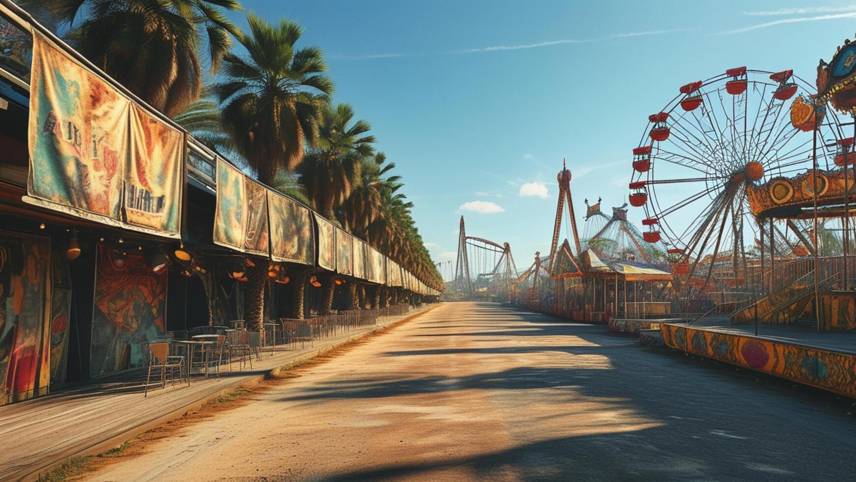 Empty amusement park path, Ferris wheel in background photo