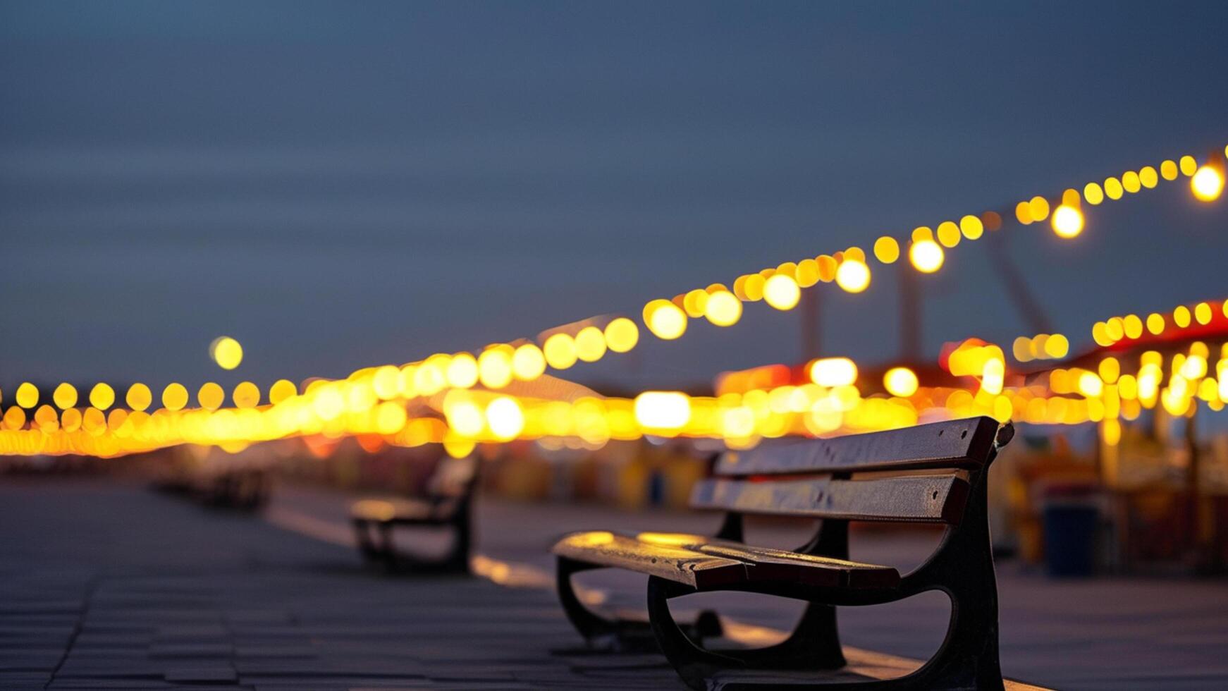 Empty bench at night boardwalk with lights photo
