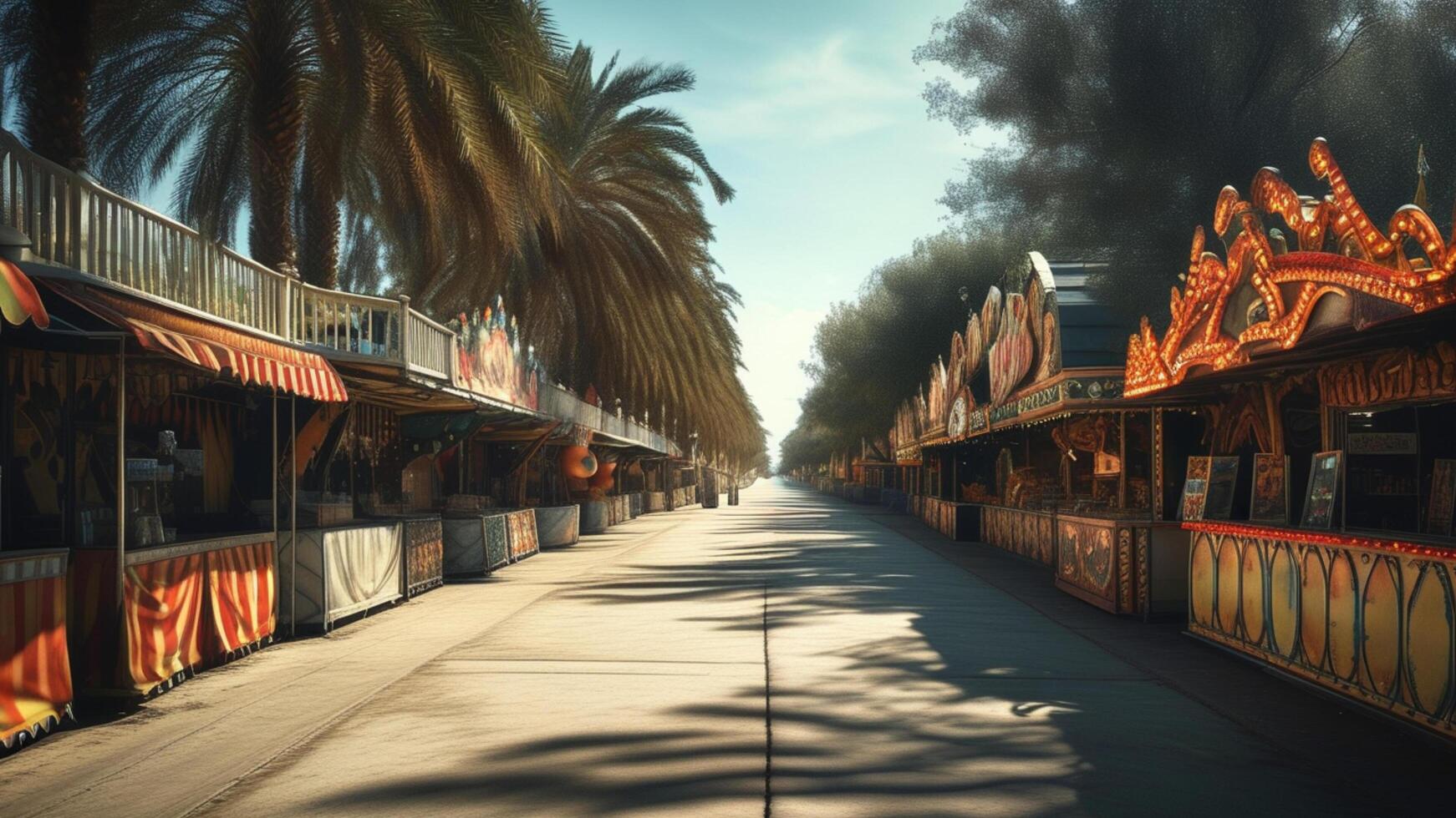 Empty fairground alleyway with palm trees photo