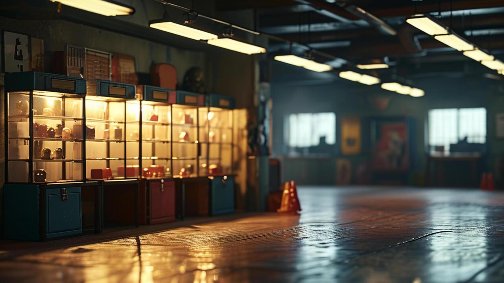 Empty garage with display cases and vintage items photo