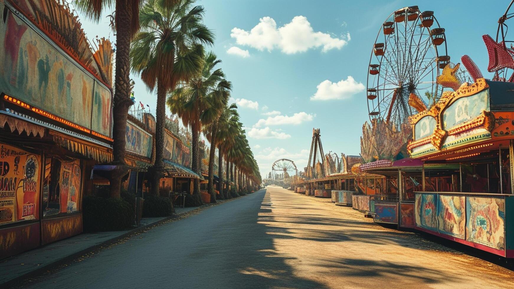 Empty fairground with Ferris wheel and palm trees photo