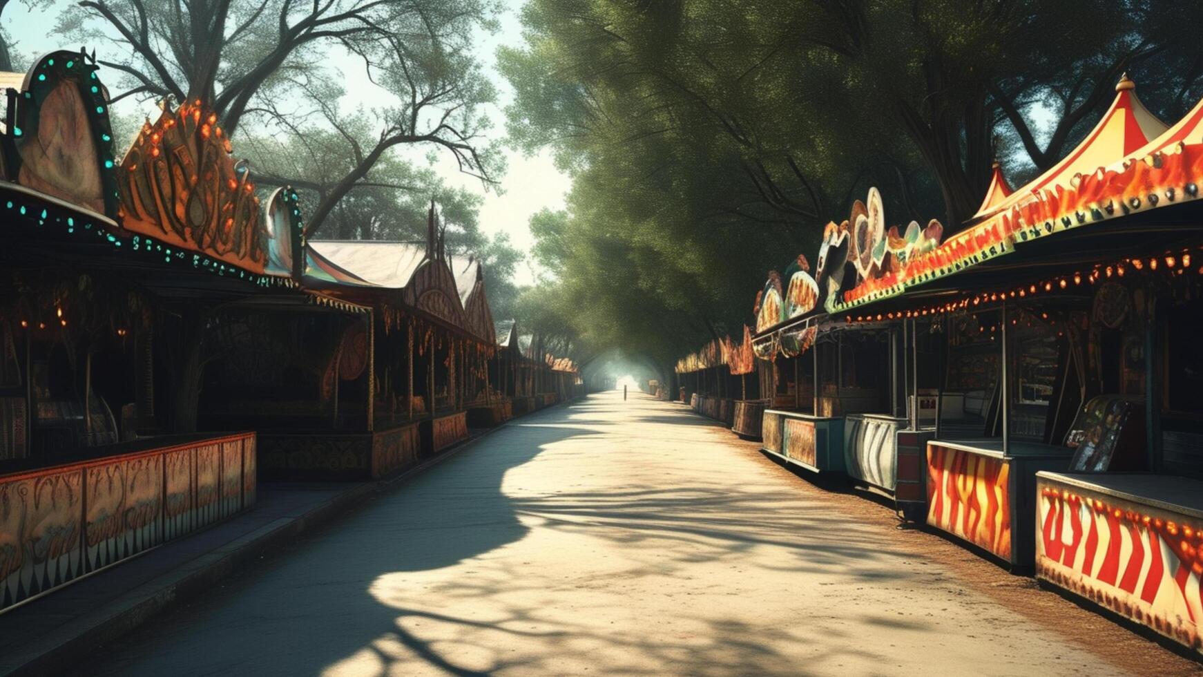 Empty funfair alley in the morning sun. photo