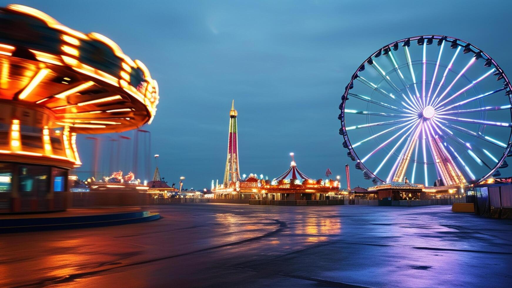 Ferris wheel, carousel, and amusement park rides at night. photo