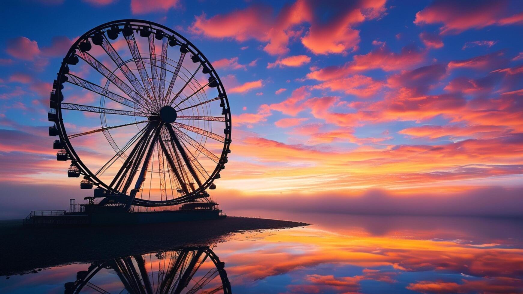 Ferris wheel at sunset reflecting in water photo