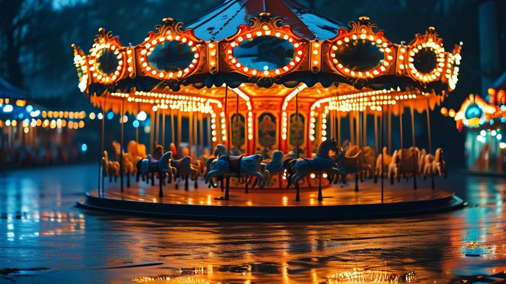 Illuminated carousel at night, reflecting in wet pavement. photo