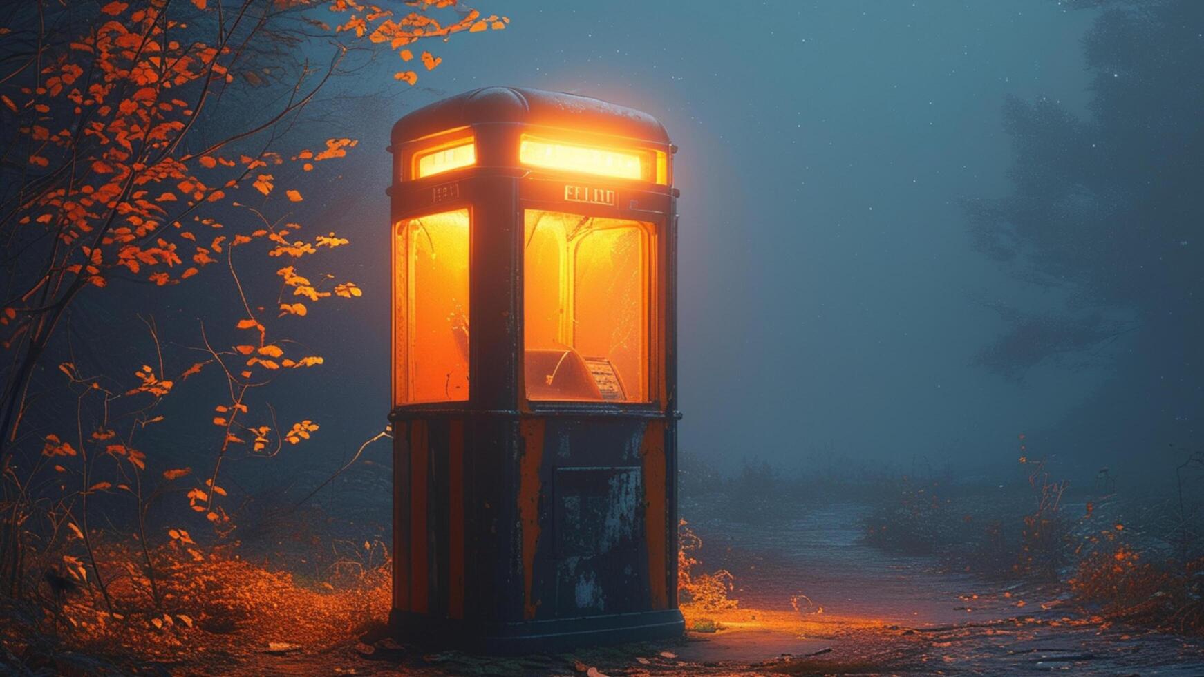 Luminous phone booth in a misty forest at night. photo