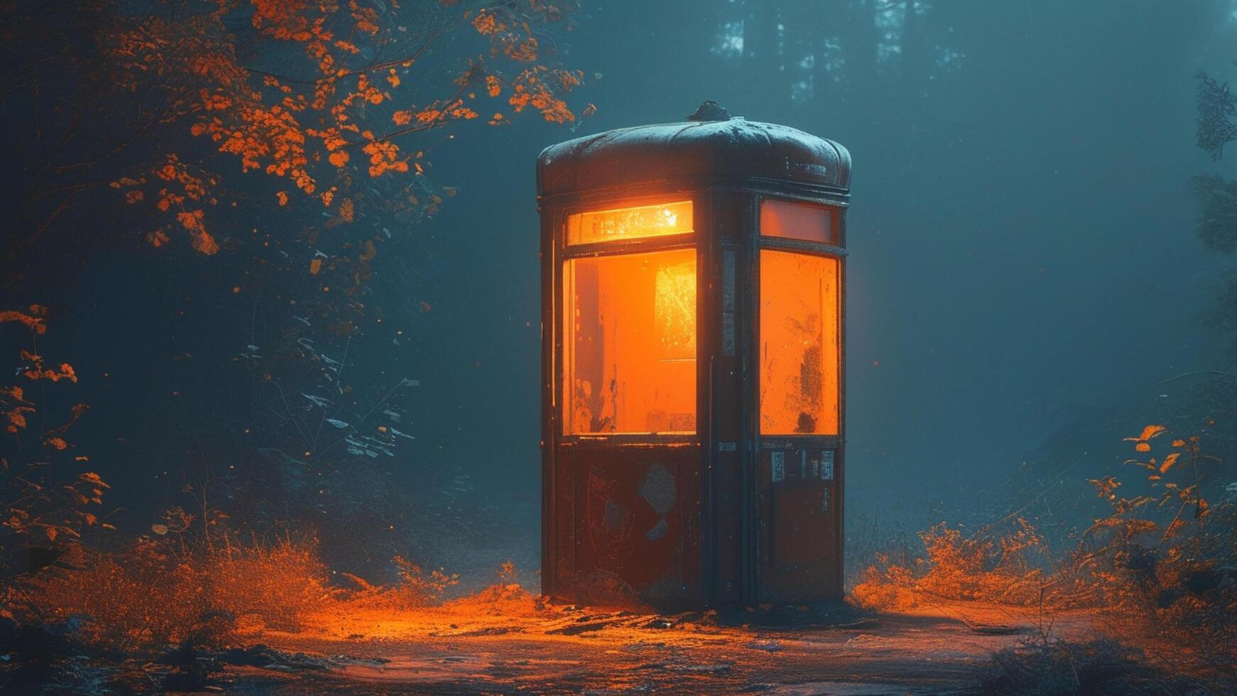 Mysterious glowing phone booth in a dark forest photo