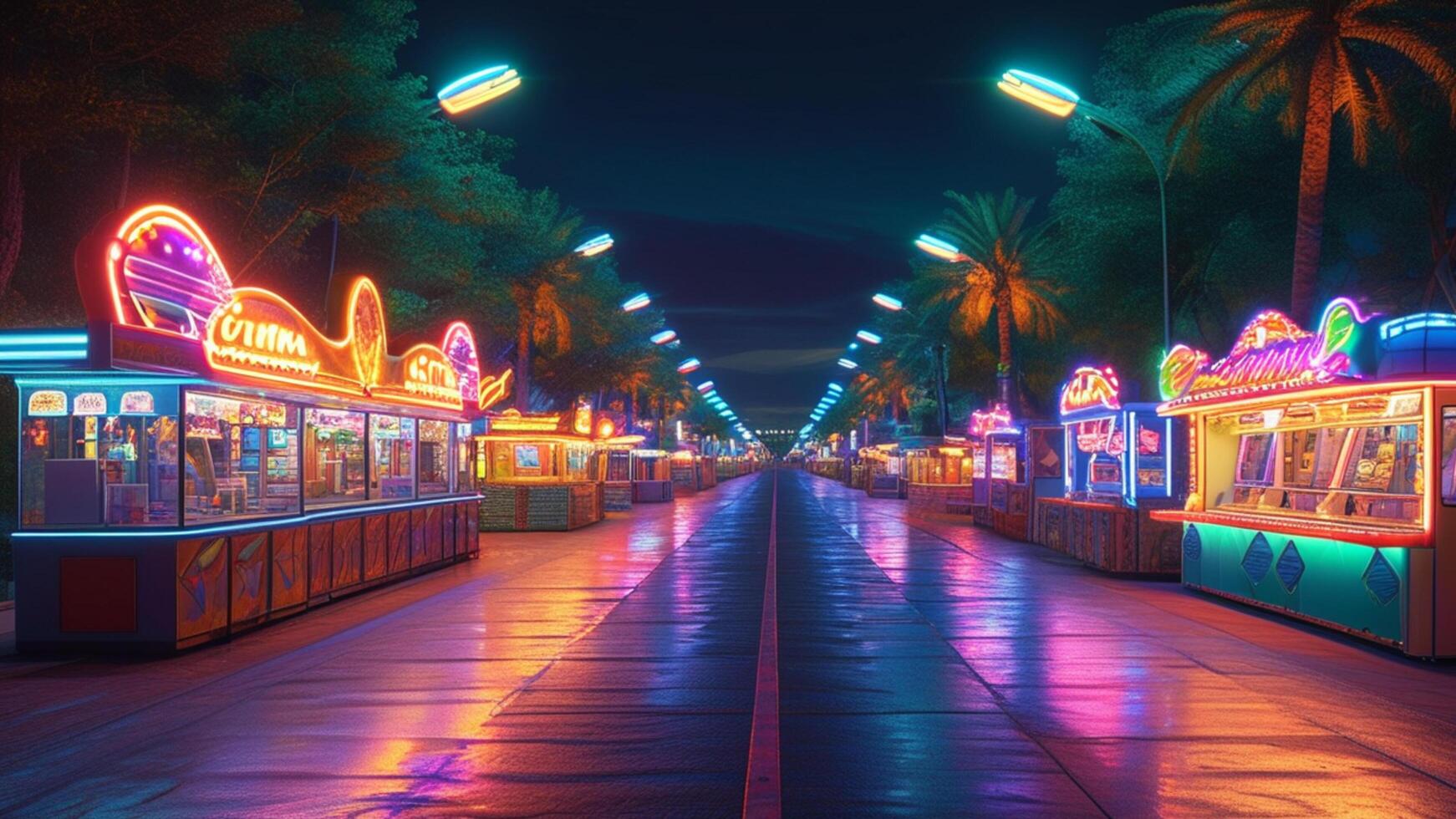 Neon lit arcade street at night photo