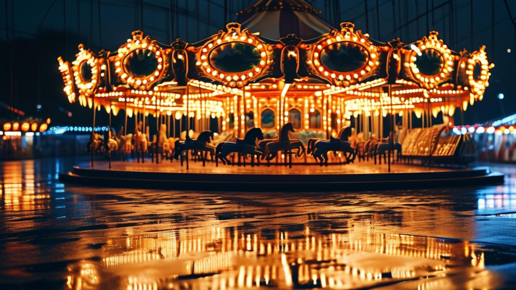Night carousel with lights reflecting in puddles. photo