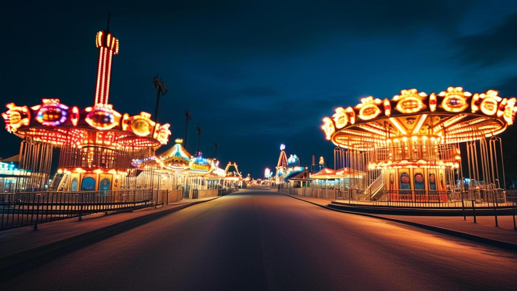 Night view of amusement park with carousels photo