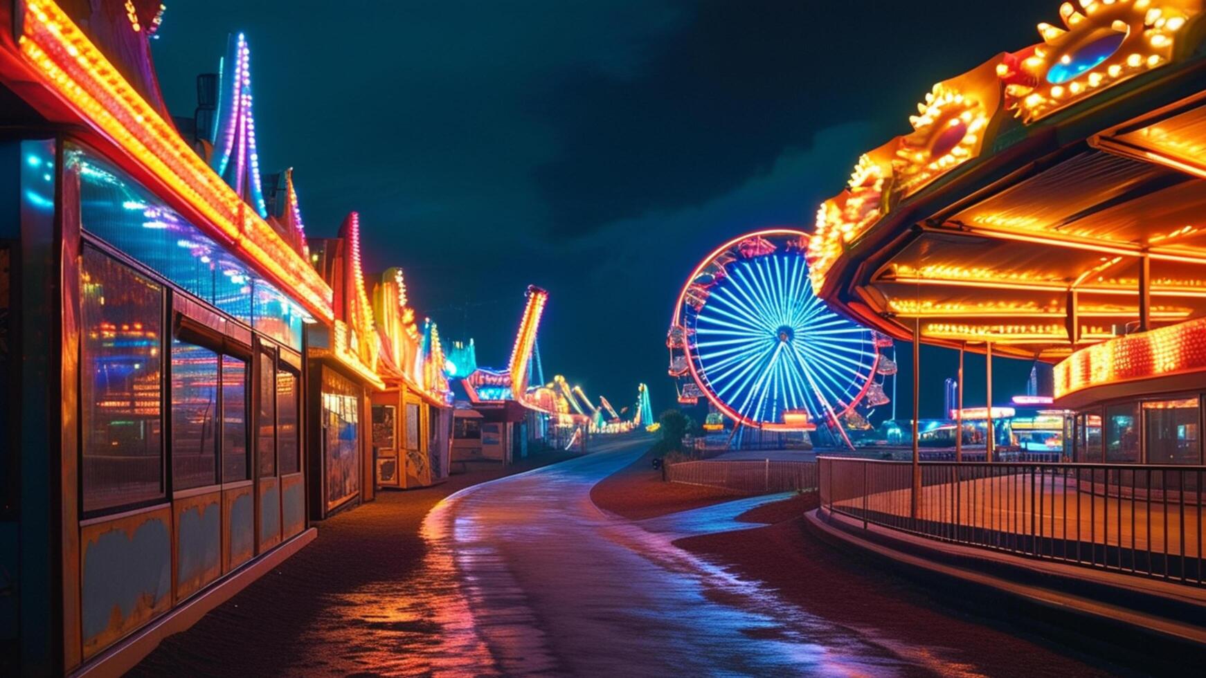 Night view of amusement park with Ferris wheel and carousel photo