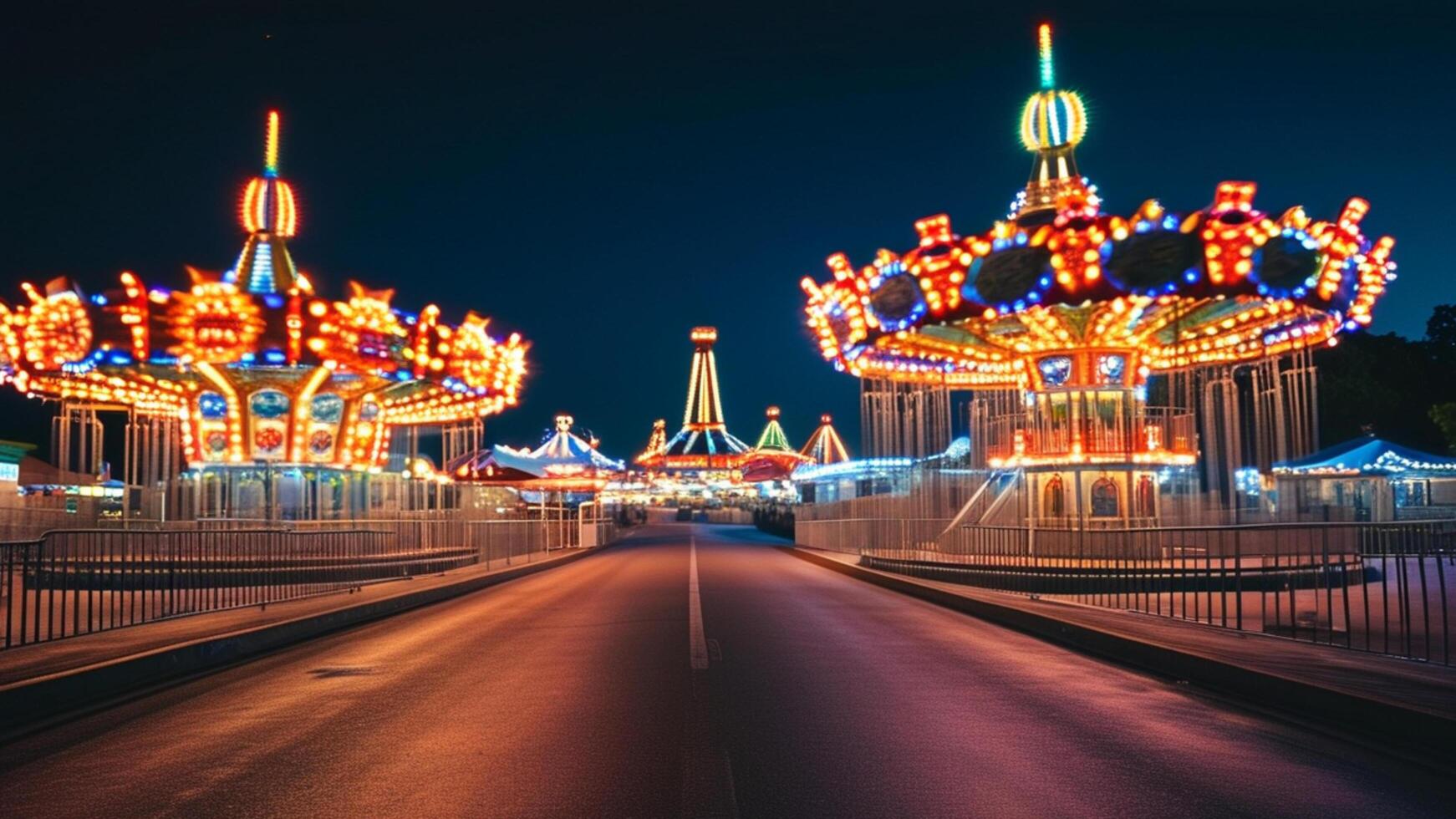 Night view of illuminated carousels at an amusement park. photo