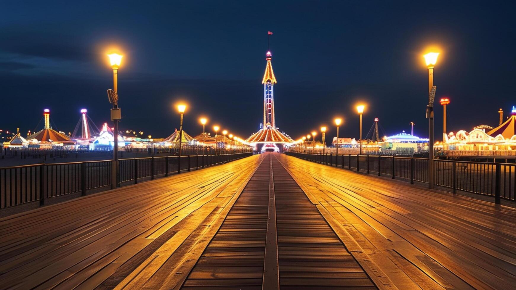 Night view of illuminated pier with amusement park photo