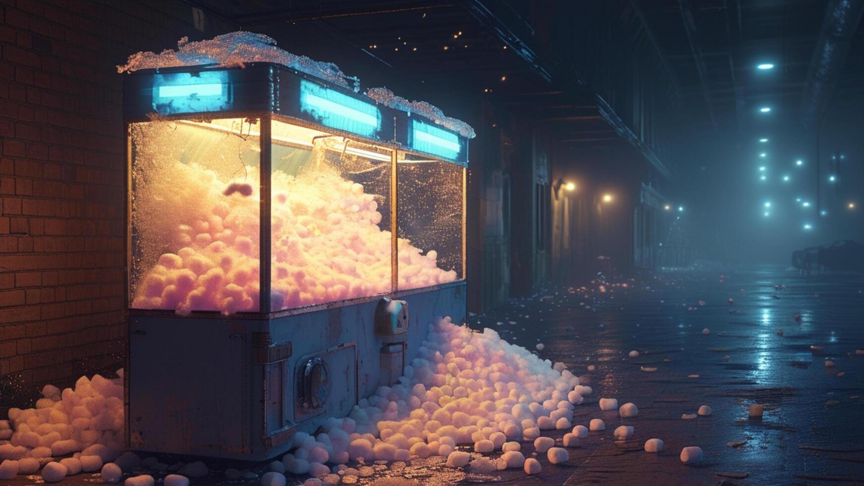 Overfilled claw machine in a dark alleyway photo