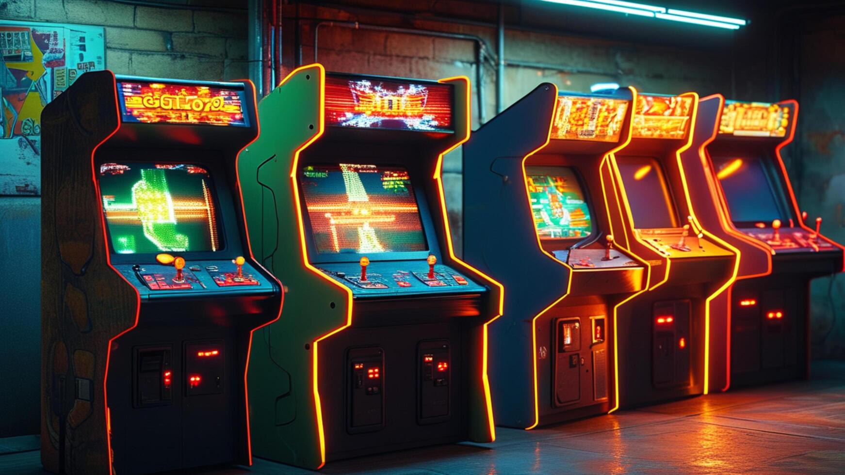 Retro arcade games in a dimly lit room. photo
