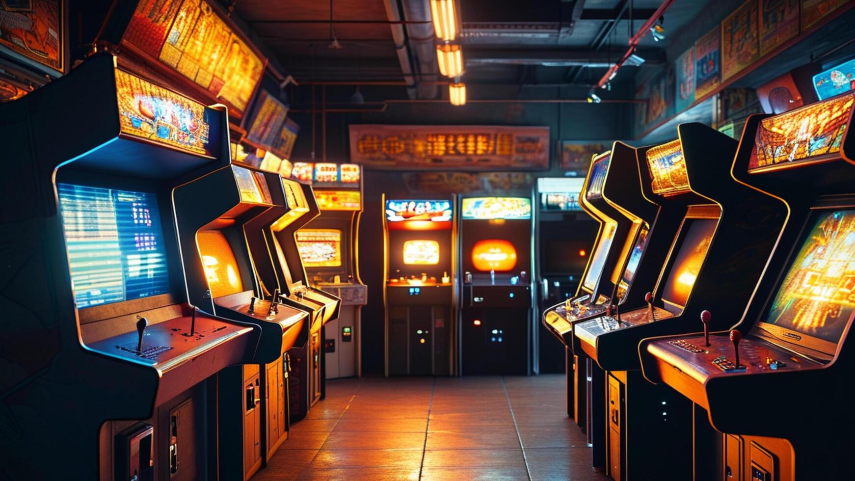 Retro arcade games in a dimly lit room. photo