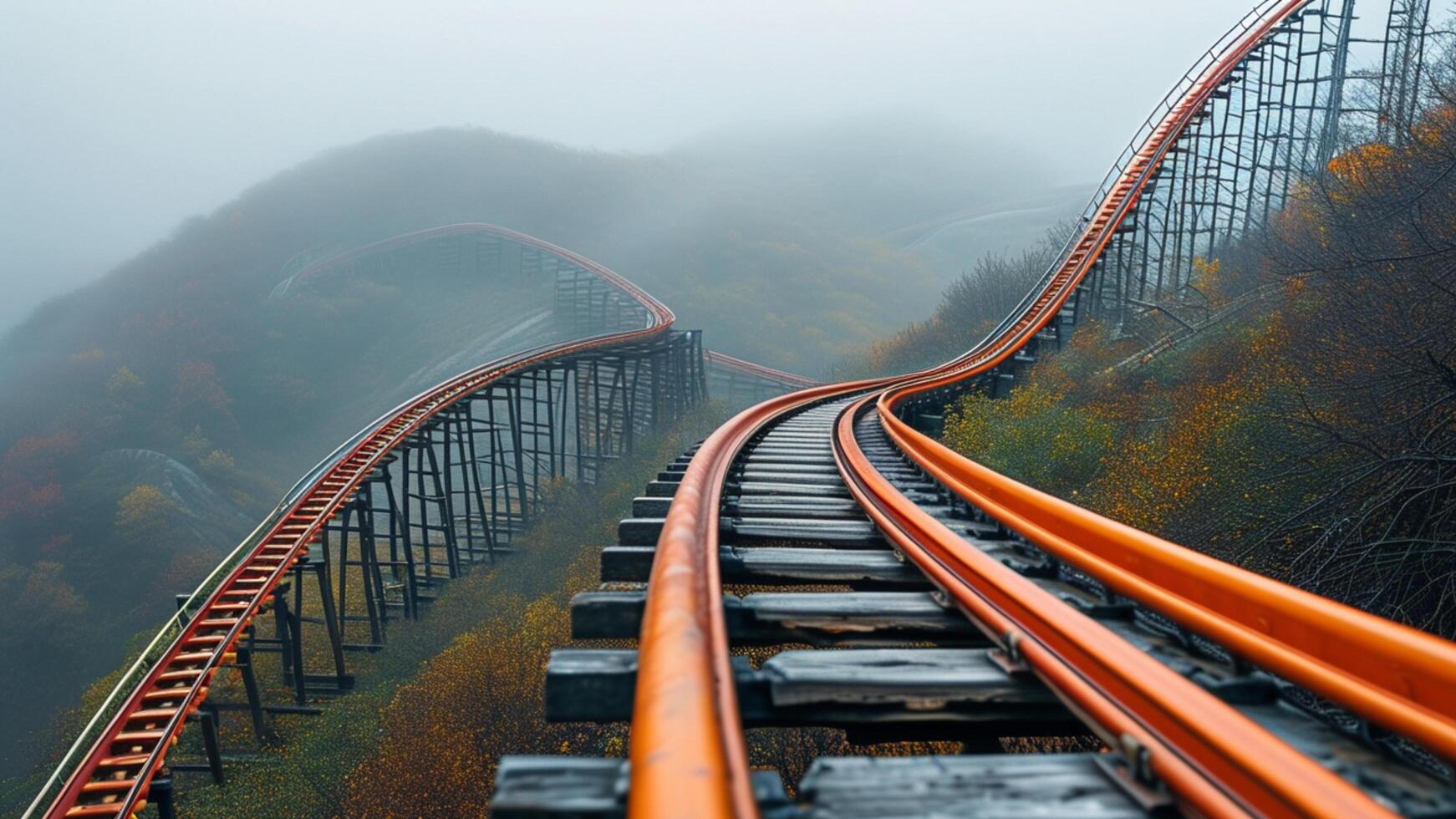 Rollercoaster in foggy mountains photo