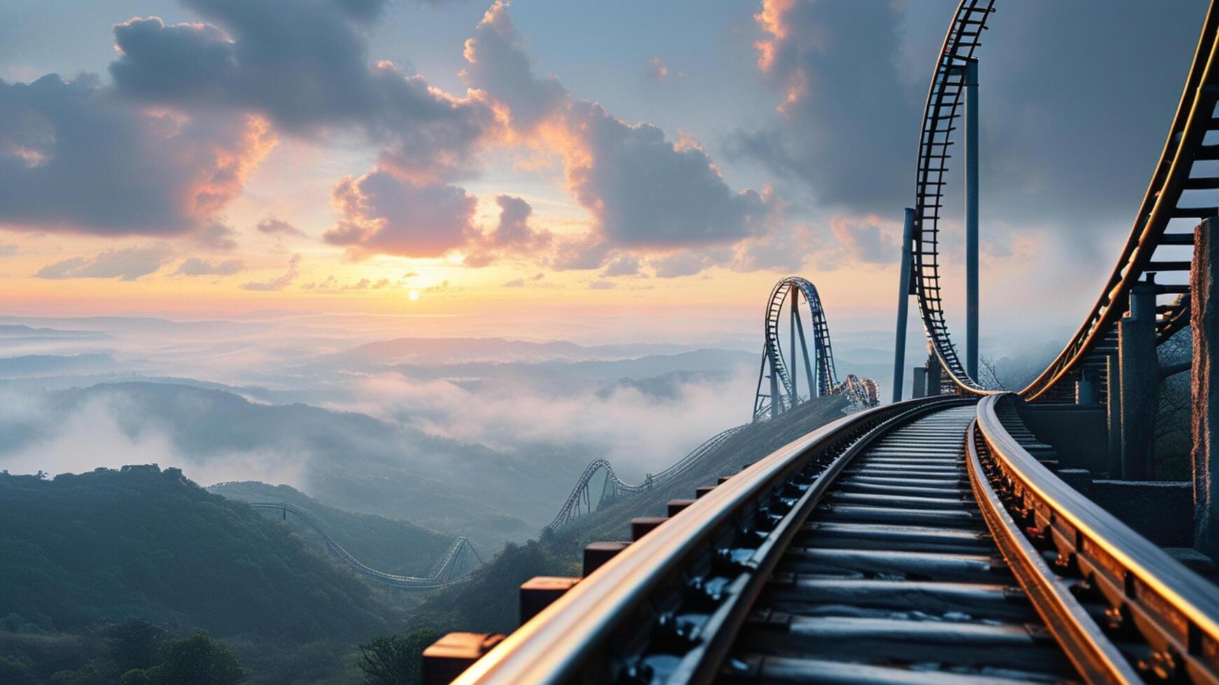 Rollercoaster track on mountaintop at sunset photo
