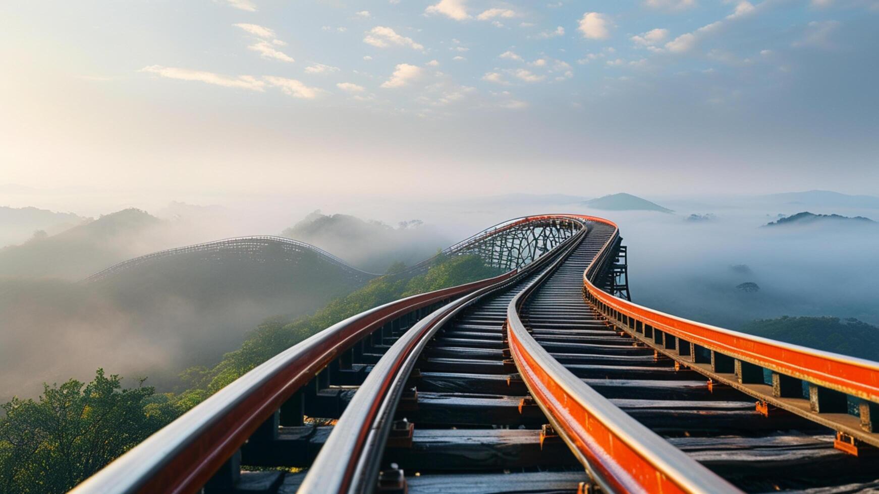 Rollercoaster track winding through misty mountains photo