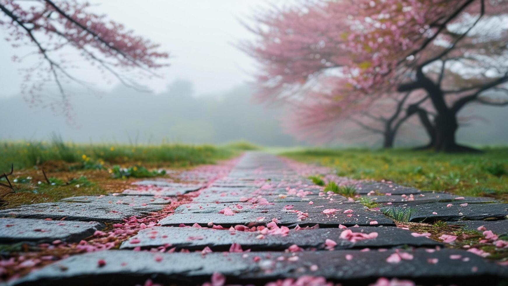 Cherry blossom petals on path photo
