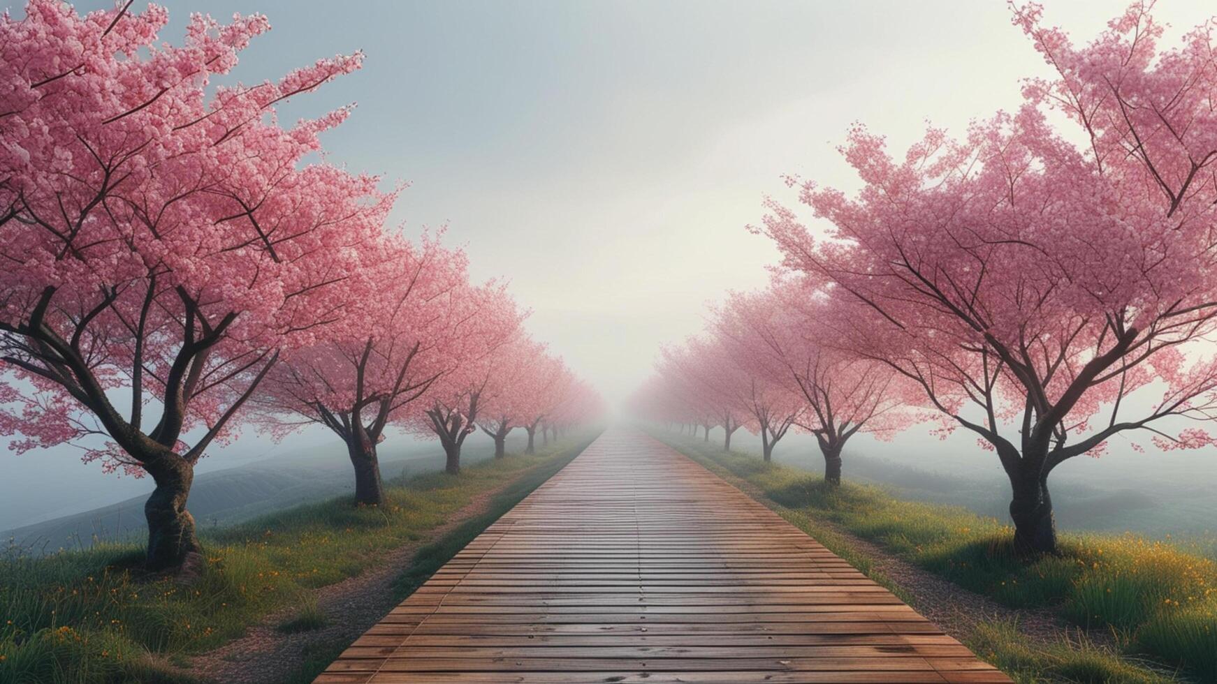 Cherry blossom path in the mist photo
