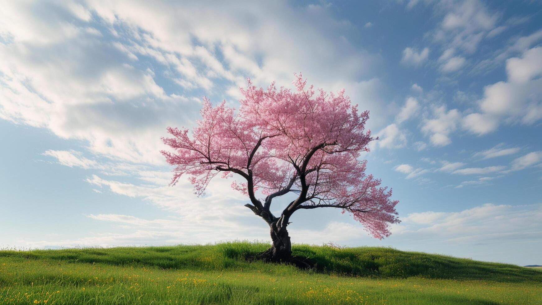 Single pink cherry blossom tree in a field photo