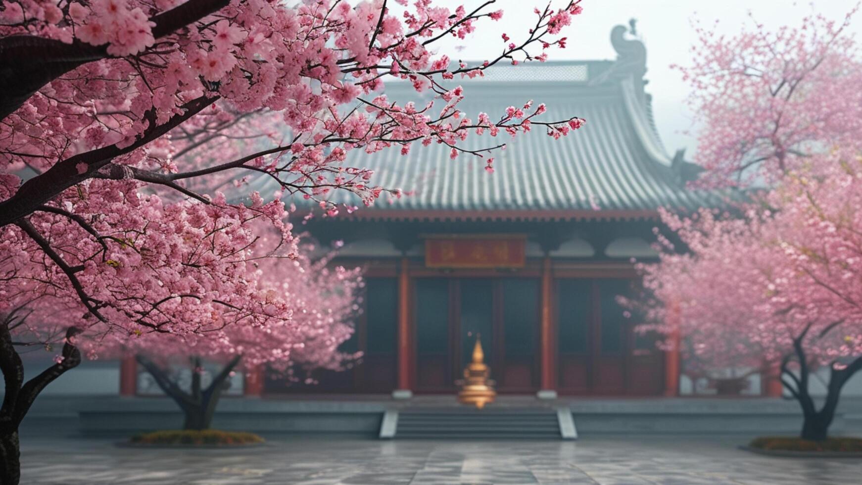Misty cherry blossoms frame a Chinese temple. photo