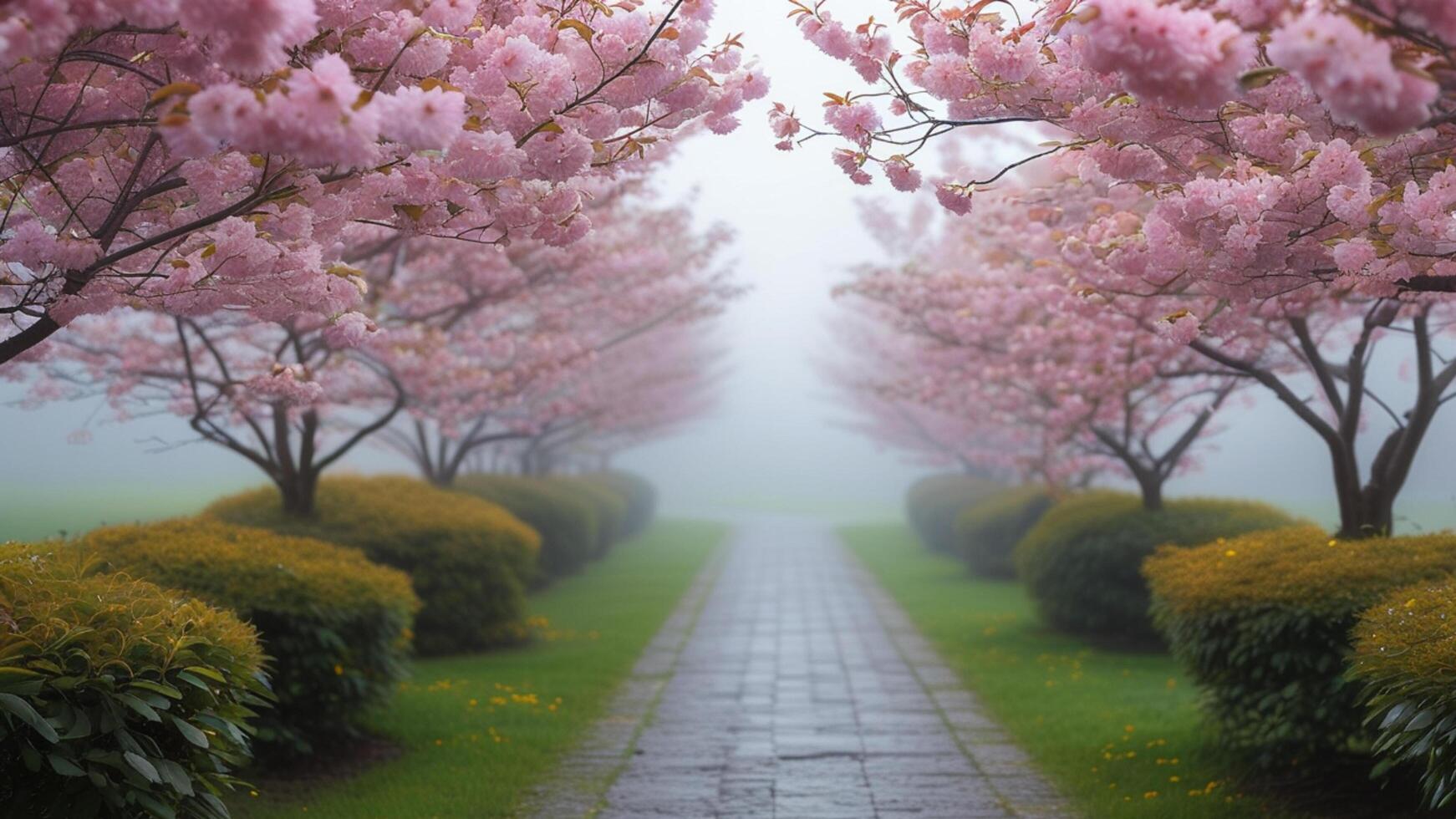 Misty path through cherry blossoms photo