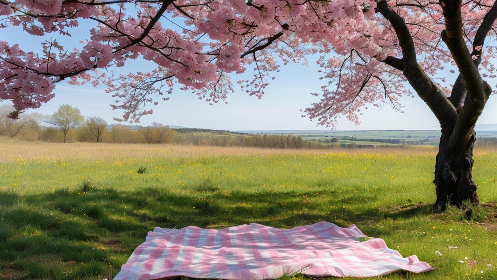 Picnic blanket under cherry blossom tree photo