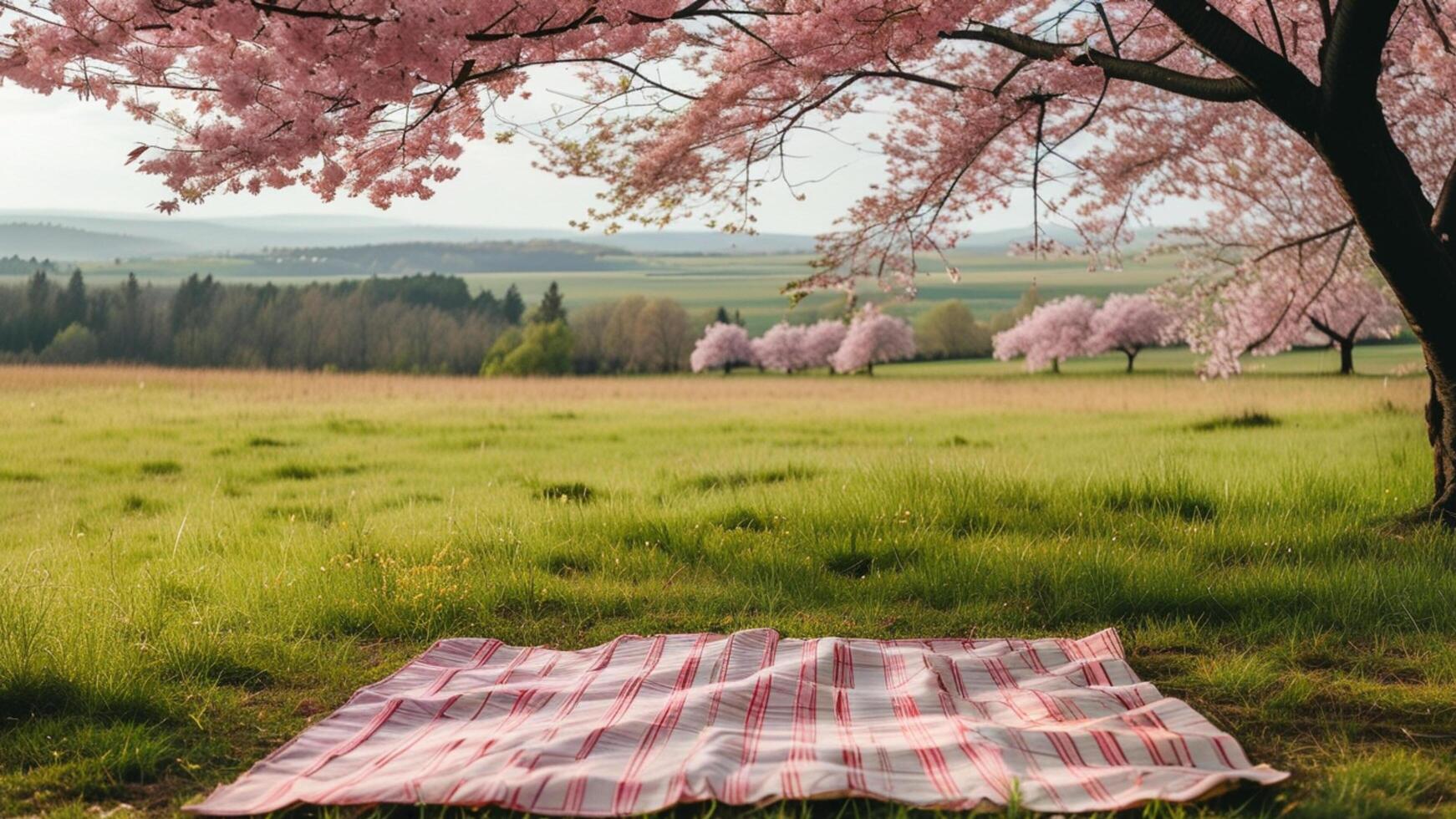 Pink picnic blanket under cherry blossom tree photo