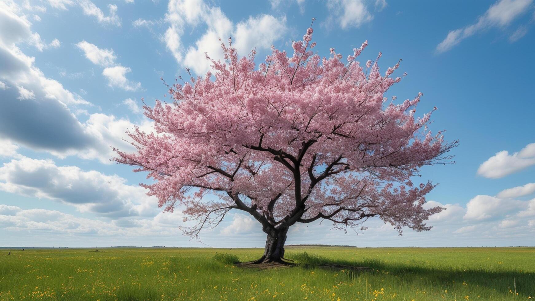 Single cherry blossom tree in a field photo