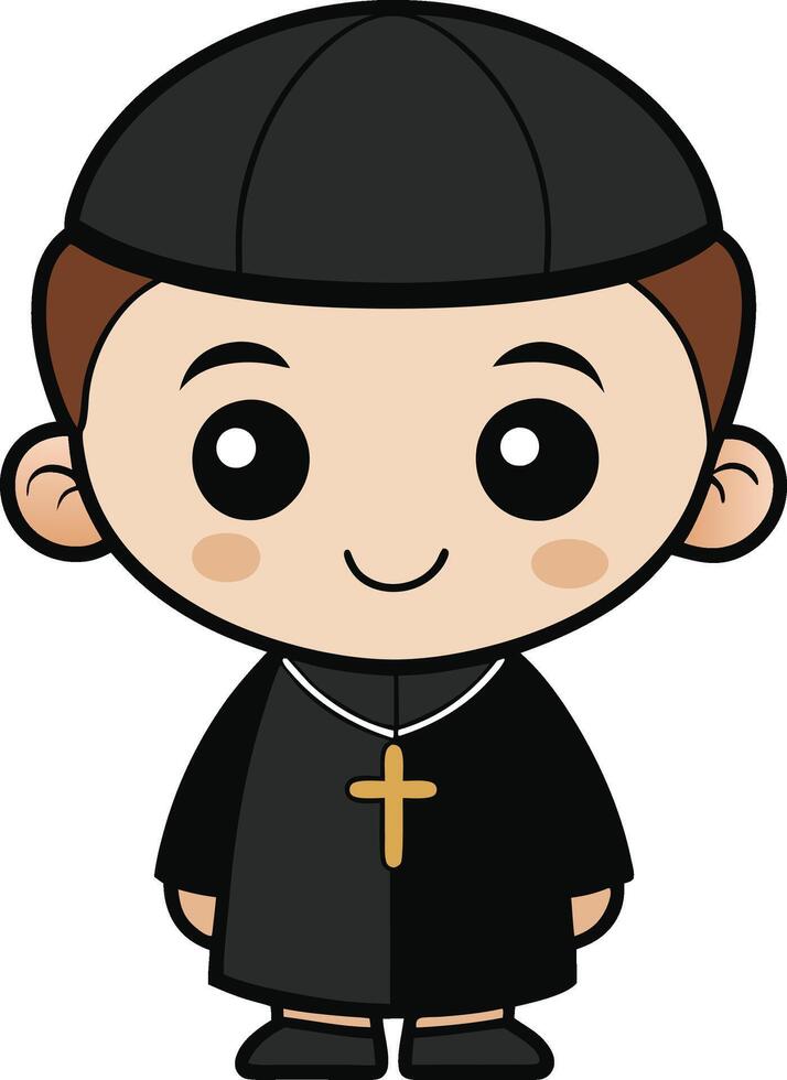 Cartoon boy in black clothes with cross vector