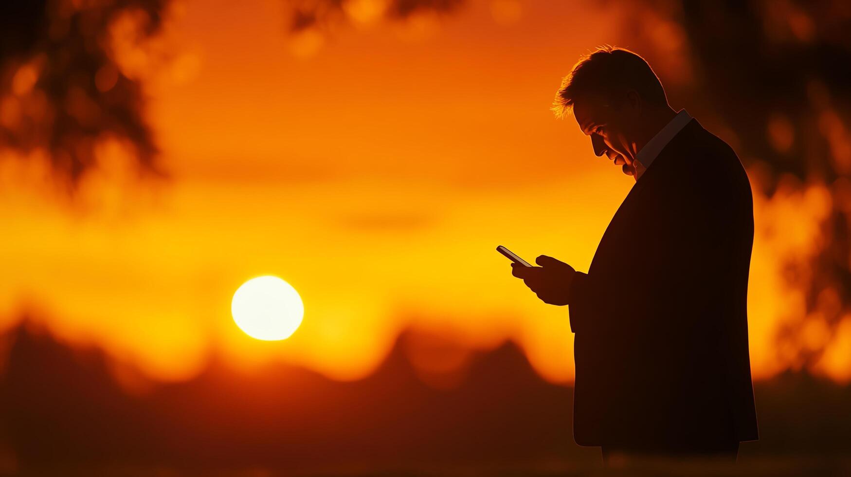 Silhouette of man using smartphone at sunset. photo