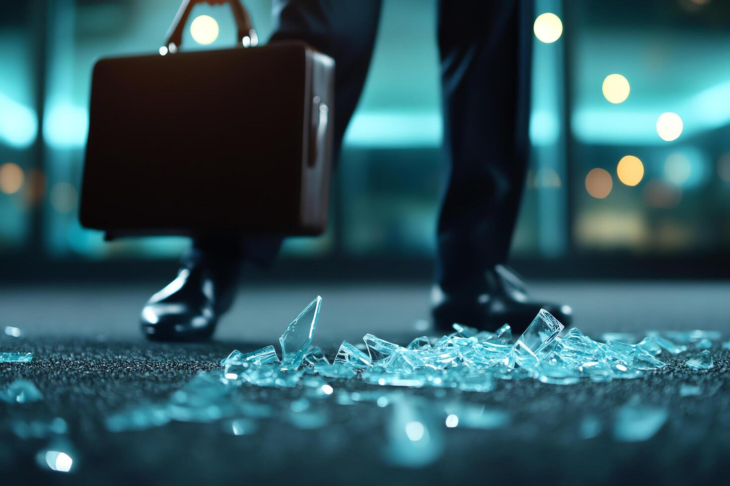 Businessman steps on shattered glass fragments. photo