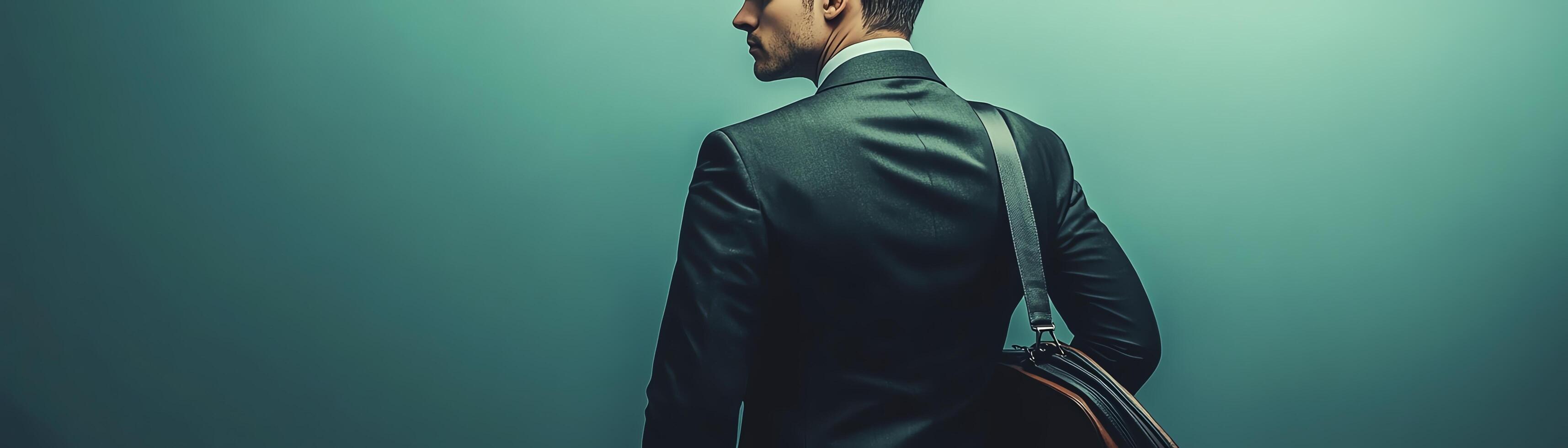 A businessman with a guitar looking back. photo
