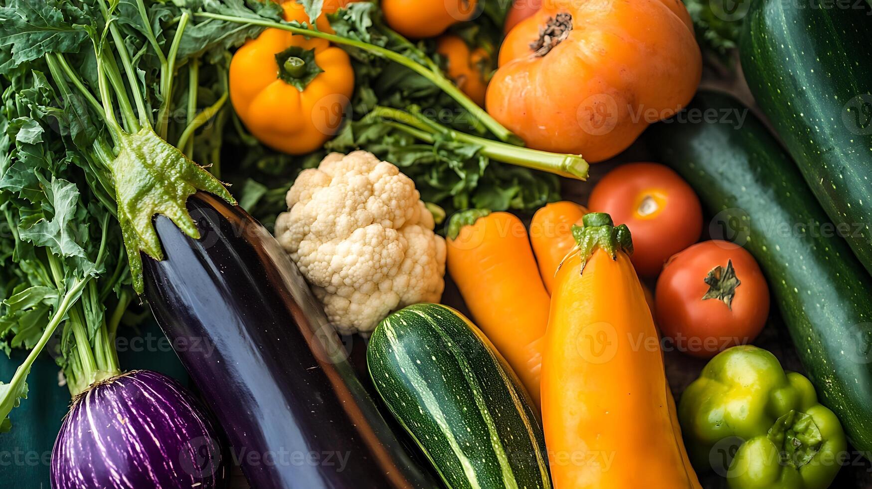 A Rustic Table Display of Fresh Vegetables Captured in Overhead Light photo