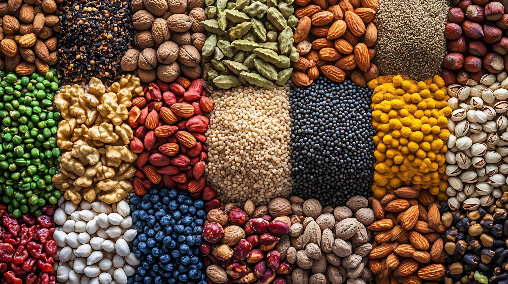 Colorful Nuts and Spices Arranged Elegantly in a Wide View photo