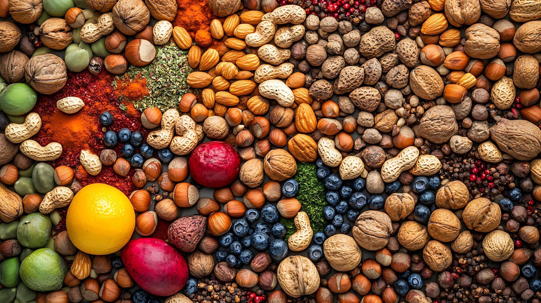 Wide-Angle Lens Highlighting the Colors of Nuts and Spices photo