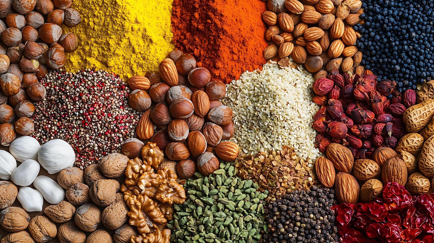 Wide Perspective of Bright Nuts and Spices Capturing Every Detail photo