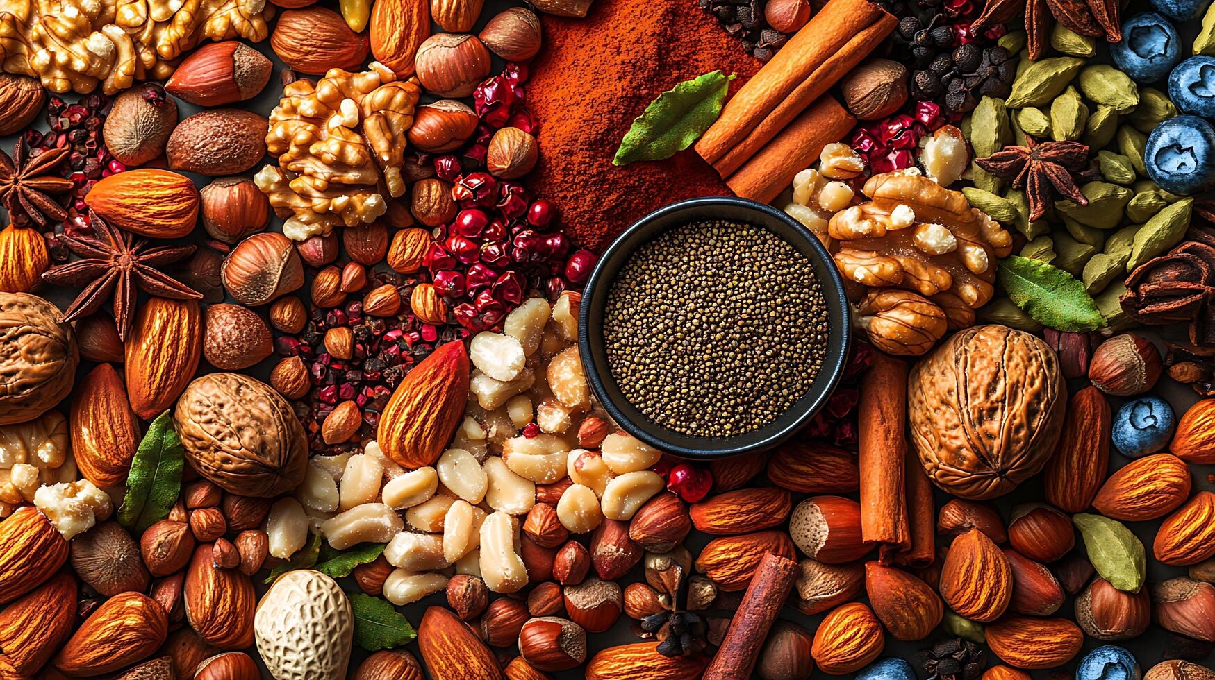 Detailed View of Nuts and Spices in a Vibrant Wide Shot photo