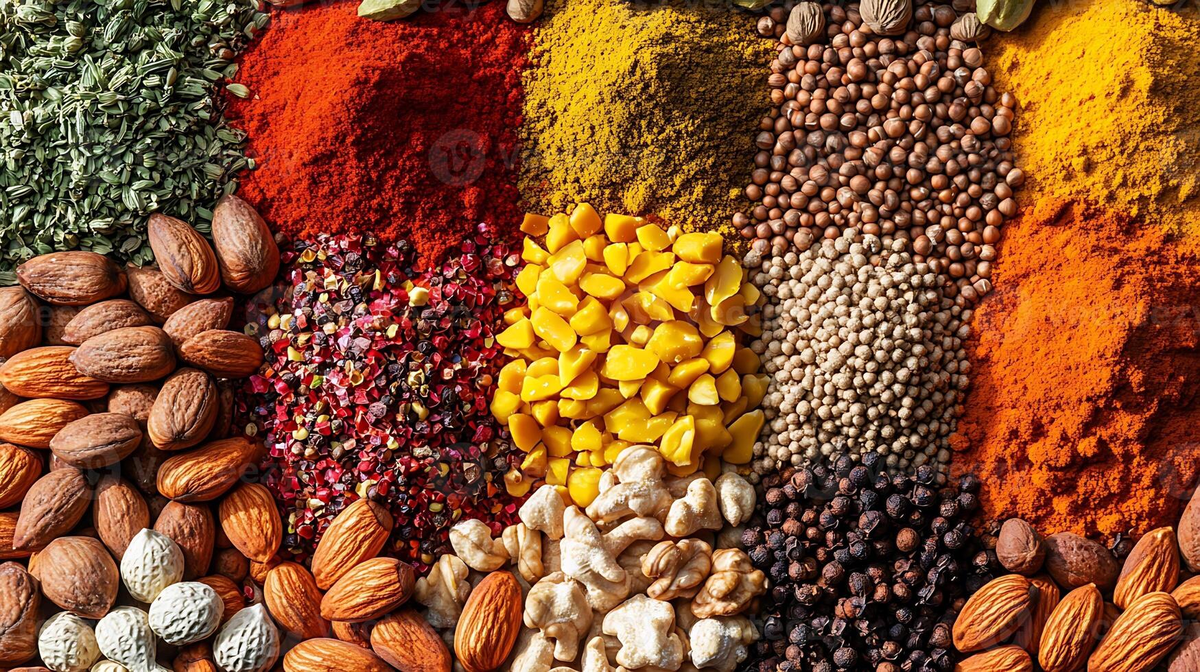 Detailed Perspective of Vibrant Nuts and Spices in a Wide Frame photo
