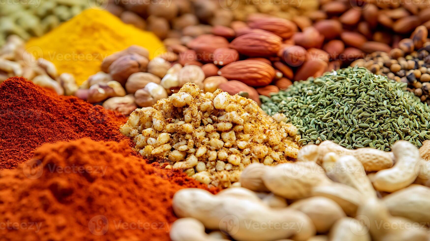 Bright and Colorful Assortment of Nuts and Spices in a Wide Shot photo