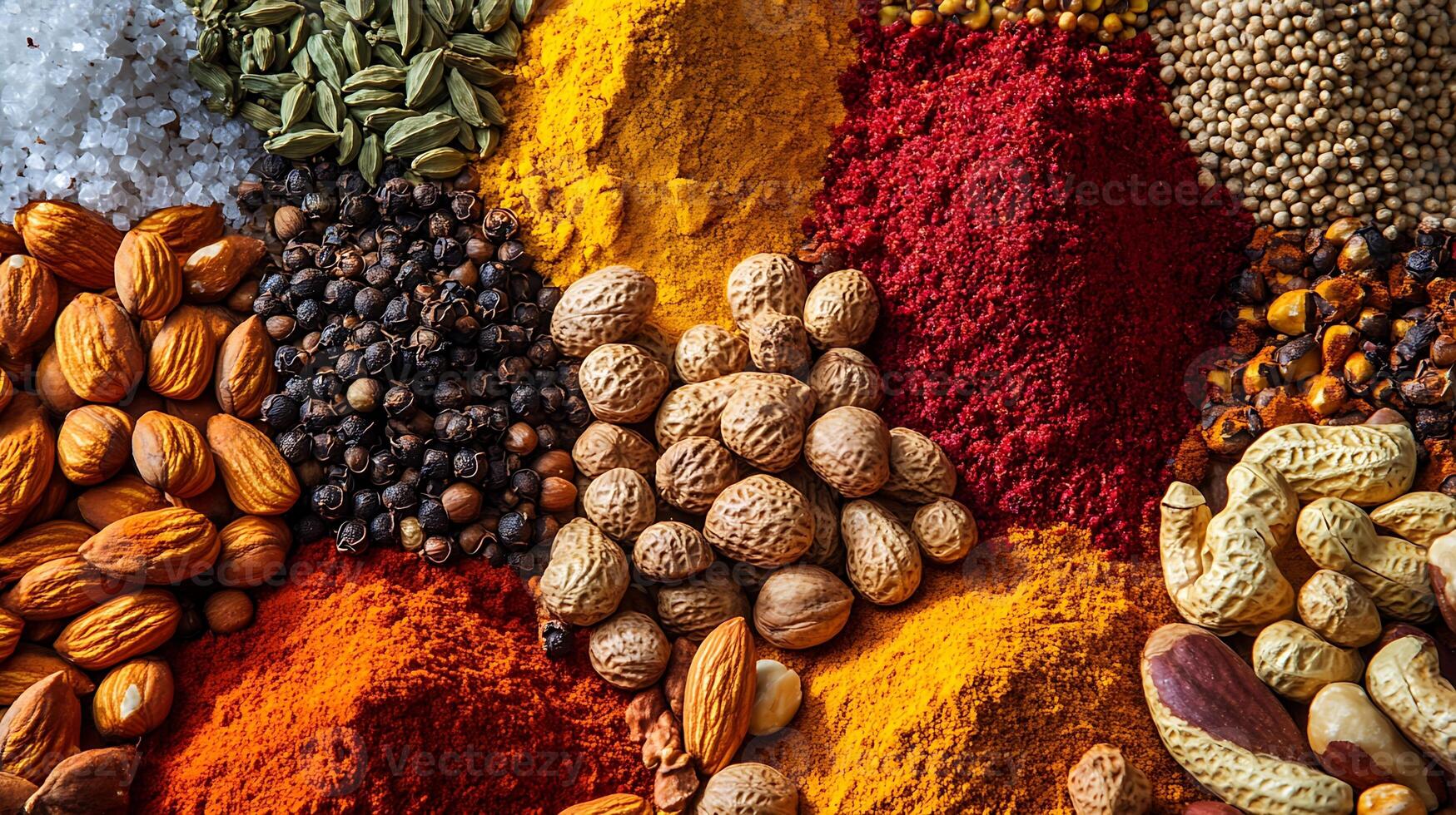 Wide-Angle Perspective of Vibrant and Colorful Nuts and Spices photo