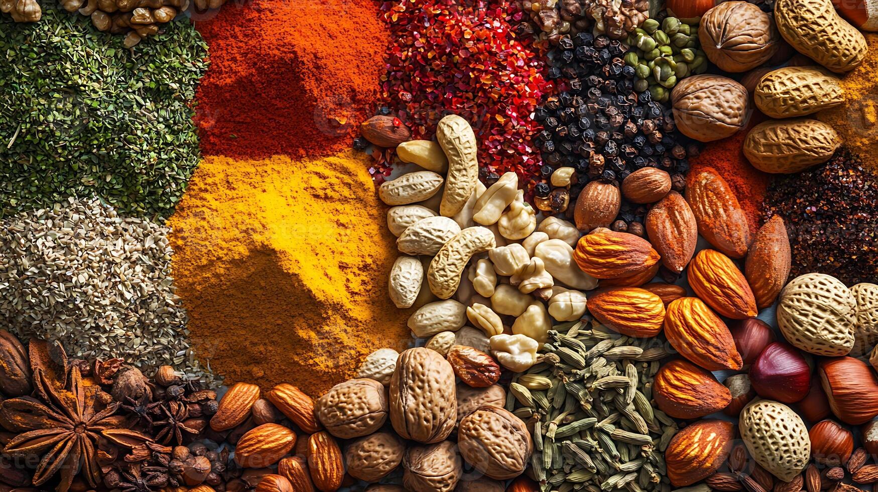 Bright and Bold Nuts and Spices in a Wide-Angle Frame photo
