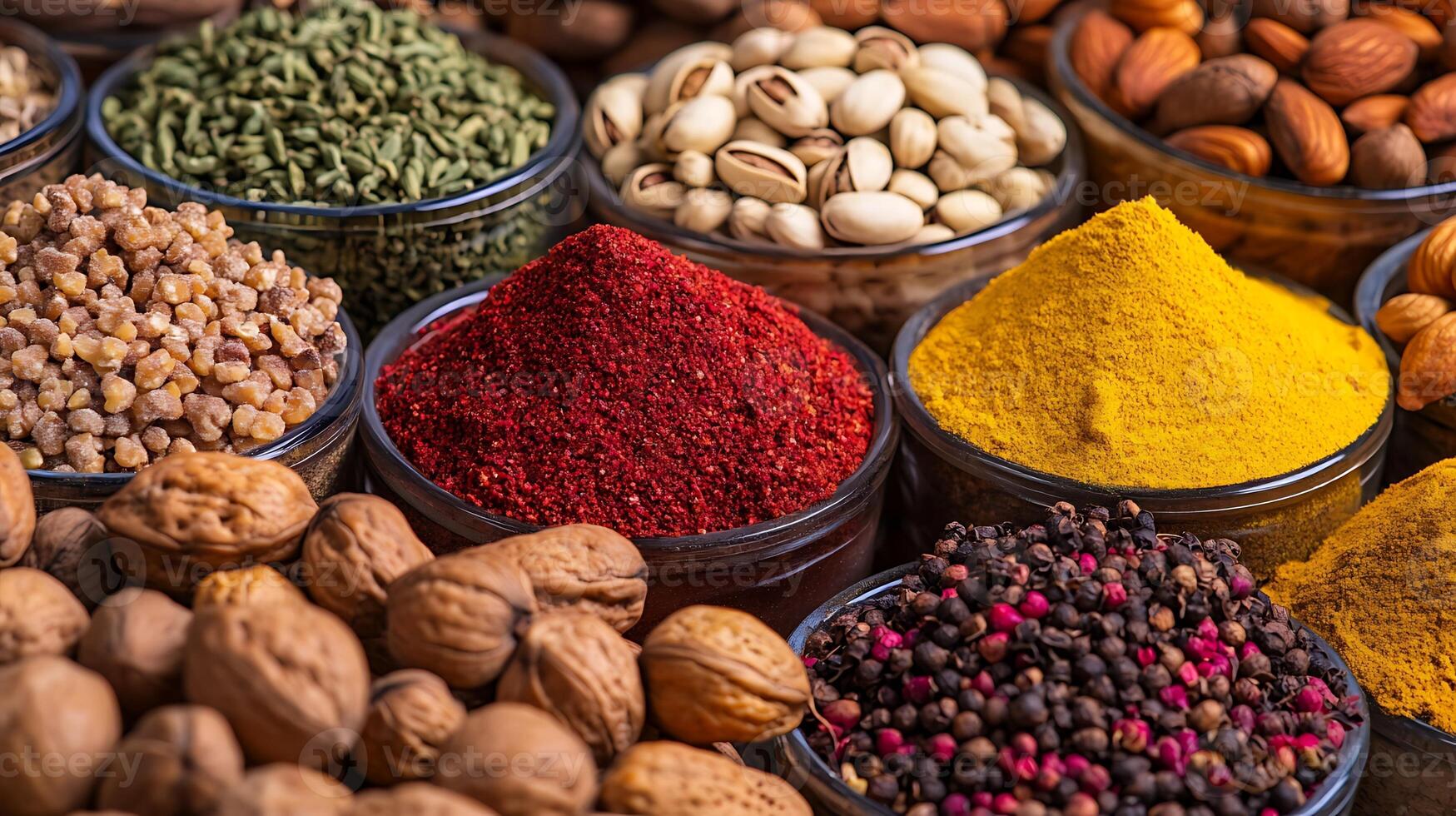 Wide Shot Capturing Vibrant Details of Colorful Nuts and Spices photo