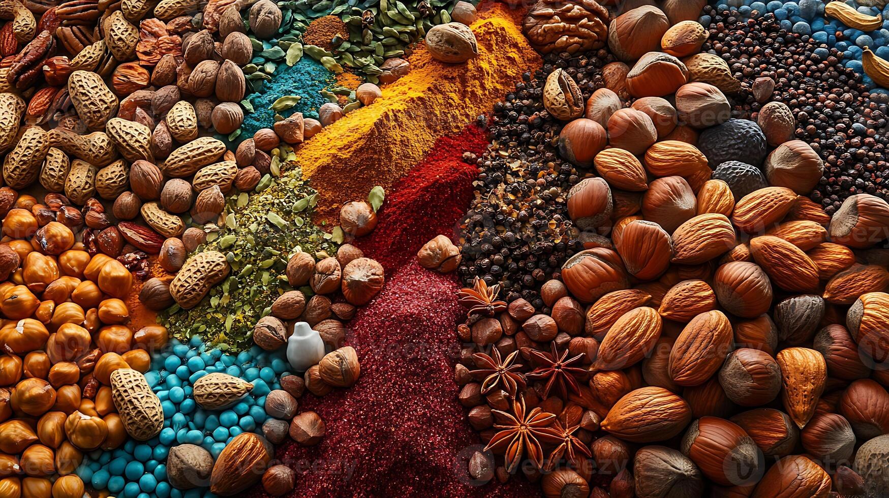 Wide-Angle Perspective Showcasing Vibrant Nuts and Spices in Detail photo